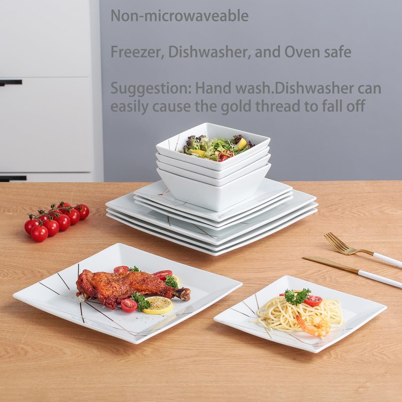 DOMINI 12-Piece Kitchen Dinnerware Set, Service for 4, Porcelain Dishes