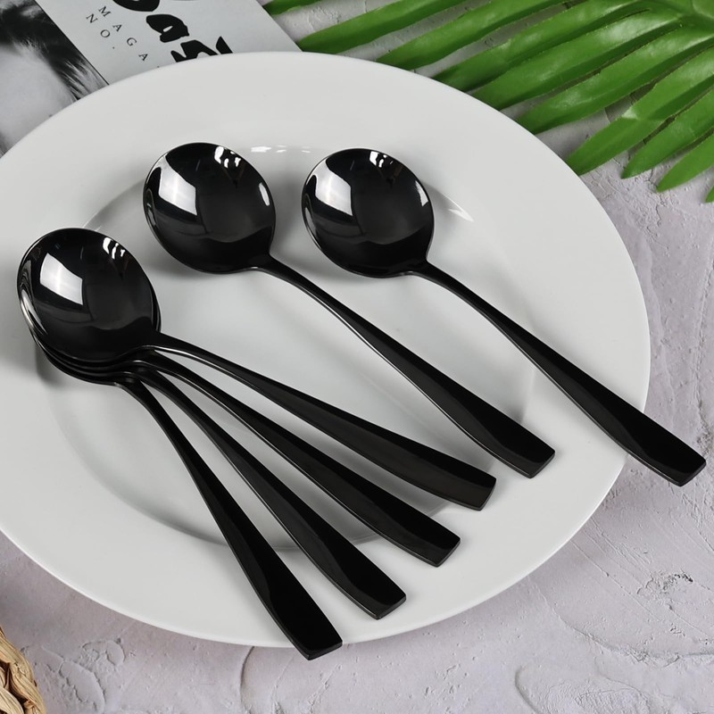 Dehouse 16-Piece Black Soup Spoons - Round Spoon, 7.3 Inch