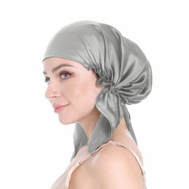 SissiLita 100% Silk Bonnet for Sleeping, Hair Bonnet with Tie Band, Large Silk Sleep Cap for Curly Hair, Silk Hair Wrap for Hair Care (Gray),One Size