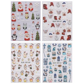 3D Christmas Nail Stickers, 4 Sheets 5D Self-Adhesive Embossed Cartoon Nail Decal Nail Art Decoration Design Supplies
