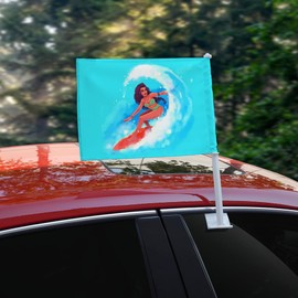 Surfer Girl Surfing On Wave With Surfboard Car Truck Flag with Window Clip On Pole Holder