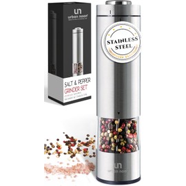 Electric Salt and Pepper Grinder - Battery Operated Stainless Steel Pepper Mill with Light - Automatic One Handed Operation - Electronic Adjustable Shaker - Ceramic Grinder