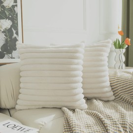 LIGICKY White Fluffy Decorative Throw Pillow Covers Double-Sided Striped Fuzzy Faux Fur Pillows for Couch Bed 18x18 Inch, Set of 2