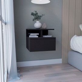 Depot E-Shop Seward Floating Nightstand, Wall Mounted with Single Drawer and 2-Tier Shelf, Black