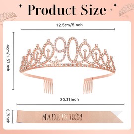 RUMIA Rose Gold 90th Birthday Crown & Sash for Women Glitter 90th Rhinestone Tiara Made in 1934 Sash 90th Birthday Gifts for Women 90th Birthday Decorations Party Supplies