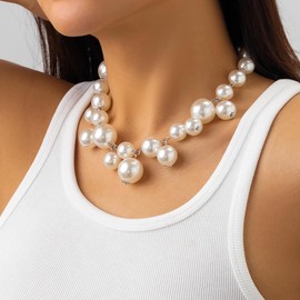 Pearl Necklaces for Women Big Pearl Statement Choker Necklace Adjustable Chunky Pearl Necklaces for Women White Pearl Beaded Necklace Large Pearl Necklace Wedding Pearl Jewelry (White)