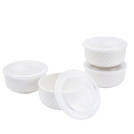 Mosuji 20 oz ceramic bowls with lids Set of 4 ,Oven-Safe Porcelain Ramekins with Lids,5 inch Serving Bowls with lids, Large White Souffle and Creme Brulee Baking Dishes, Set of Ramekin Bowls for Sauce and Dessert