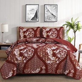 DJY Burgundy Quilt Set Queen Size, Boho Red Gold Damask Bedspread Coverlet Set Soft Lightweight Microfiber Luxury Bedding Set 3 Pieces for All Season (96"x90")