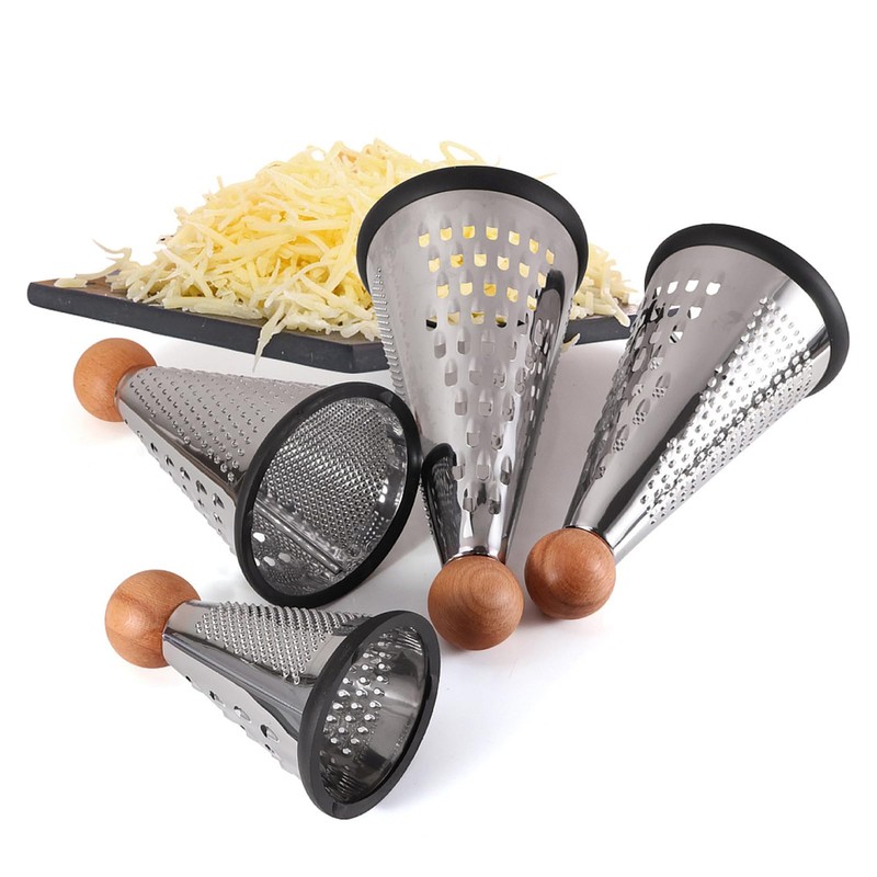 Cone Parmesan Cheese Grater - Stainless Steel Triple Function Wood