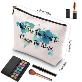 Aievlinkr And Off She Went To Change The World,Makeup Bag Gift, World Map Bag,Sister Gift,Travel Bag Cosmetic Bag Nature Linen Cotton Makeup Case Great Gift for Women Friends Birthday Christmas Gifts