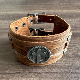 Balaijor Mens and Womens Cross Leather Bracelet Belt Buckle Adjustable Cuff Bracelet(Brown)