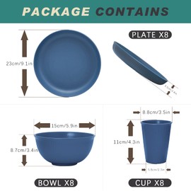 Wheat Straw Dinnerware Sets for 8, Osonm 24PCS Unbreakable Reusable Plastic Plates Bowls Cups Set, Dishwasher Microwave Safe Dishes Set for Camping, RV, Picnic, Kitchen, Dorm (Blue)