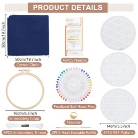 FREEBLOSS 3 Set Sashiko Kit Sashiko Embroidery Kit Beginner Embroidery Kit includes Embroidery Thread, Needles, Fabric and Hoop Hand Sewing Kit with PET Template