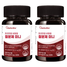 Hello Bio Premium Non-heme Iron Supplement Mini 22.5g, 2 units, 90 tablets / 헬로바이오 프리미엄 비헴철 철분제 미니 22.5g, 2개, 90정