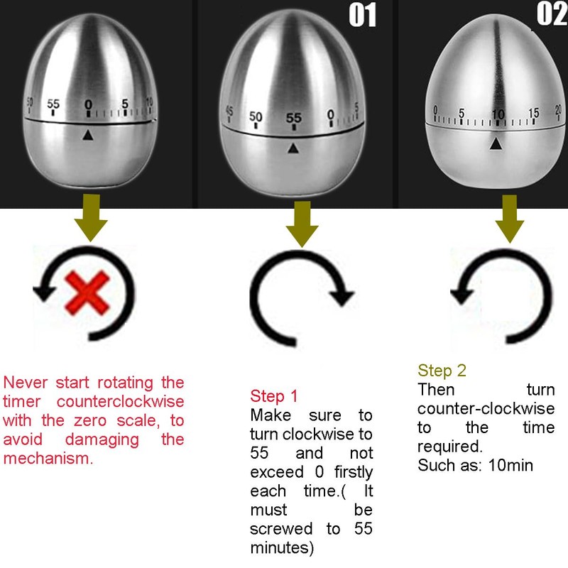 ZAAWUUT Egg Kitchen Timer Stainless Steel Mechanical Rotating 60 Minute