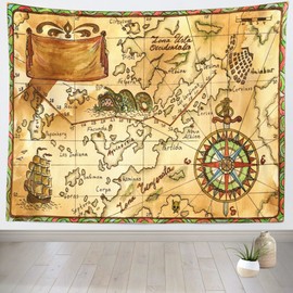 CORFOTO Vintage Ancient Map Tapestry Wall Hanging Hand Drawn Nautical Map Compass Nostalgic Style Historical Map Wall Art for Bedroom Aesthetic Living Room Dorm Decorations Room Decor 92Wx70H inches