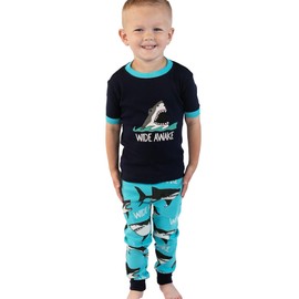 Lazy One Short-Sleeve Pajamas Sets for Girls and Boys, Kids' Soft, Animal PJs, Shark, Sea, Ocean, Can't Sleep (Wide Awake, 6)