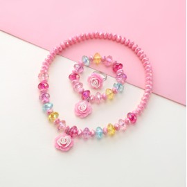 koutey Gilrs Flower Stretch Necklace Little Girl Necklace Bracelet Set, Little Princess Rainbow Mremaid Jewelry Set Play Necklaces Bracelet Rings for Girls Accessories Favors