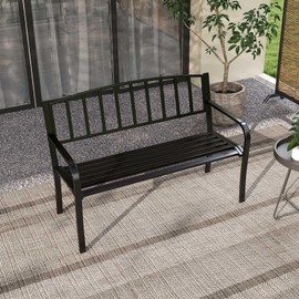 Giantex Metal Outdoor Bench, 660lbs Patio Garden Bench with Backrest, Curved Armrests, Slatted Seat for 2-3 Persons, Heavy-Duty Outside Seating Loveseat for Yard, Porch, Park (50"x23"x33.5")