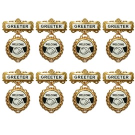 8 Pack Church Greeter Badges Multipack, Pin Back Gold Tone Fancy Round Welcome Badge for Church Leadership, Reusable Name Badges for Greeters, Ushers, and Choir