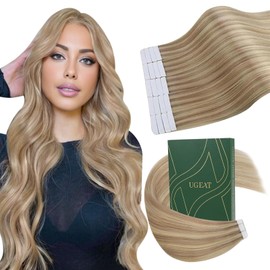 Ugeat Tape in Hair Extensions Human Hair for Women Dark Ash Blonde Highlights Golden Blonde Tape in Remy Human Hair Extensions 18inch 20Pcs 50G