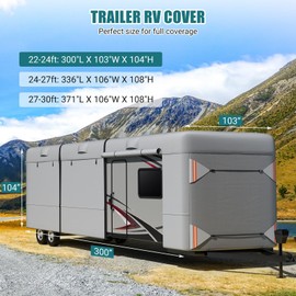 RV & Trailer Cover, Upgrade Waterproof Windproof RV Cover Fits for 22'-24', Heavy Duty Rip-Stop Camper Cover with 8 Straps Front and Back, Reflective Strips, Gutter Cover, Tire Cover, Grey