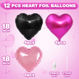 Pink Black Heart Balloons,12Pcs 18Inch Hot Pink Black Heart Shaped Foil Helium Balloons for Baby Shower Birthday Anniversary Wedding Engagement Party Decorations
