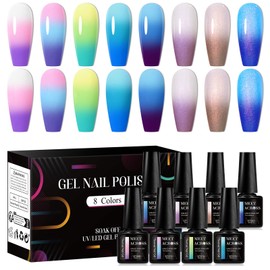 MEET ACROSS Color Changing Gel Nail Polish Set 8 Colors, Winter Temperature Mood Changed Glitter Blue Pink Gold Aurora Soak Off Nail Art Design Kit Manicure Home DIY Gifts for Women Girls