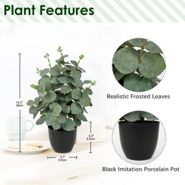 Briful Artificial Eucalyptus Plant Decor 14’’ Fake Eucalyptus with Frosted Leaves Faux Eucalyptus with Lush Foliage in Black Pot Fake Plant for Indoor Living Room Bathroom Kitchen