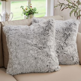 Cheer Collection Set of 2 Shaggy Long Hair Throw Pillows - Super Soft Faux Fur Pillows for Sofa & Bed - Machine Washable - 18" x 18" - Gray