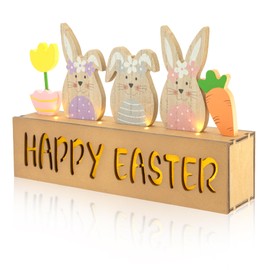 Vynium Happy Easter Decoration with LED Light, Wooden Easer Decor for Tabel, Lighted Bunny Decorations for Spring Mantle Home Decor Living Room Office Desk 12 Inch