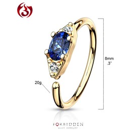 Forbidden Body Jewelry 20g 8mm Double CZ w/Oval Blue CZ Centered on Bendable 14k Gold Plated Surgical Steel Nose/Rook/Helix Hoop