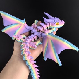 WUQIREN 3D Printed Dragon with Wings,3D Printed Animals Toys, Fidget Dragon Toys, Flexible Articulated Winged Crystal Dragon Model,Desktop Pet Deco (Matte-Rainbow)