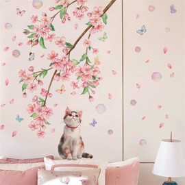 Hikosiya Hyq141 Pink Flower Cat Butterfly Cherry Blossom Wall Sticker Petal Interior Kindergarten Nursery Children's Room Stylish Sticker DIY Wallpaper Removable PVC Material Waterproof for Living
