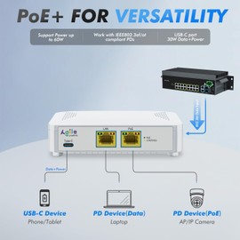 ​PoE to USB C Switch 60W 802.3af/at Compliant, 1 USB-C Port (30W PD Charging & Gigabit Ethernet) & 1 PoE+ Port & 1 Ethernet Port, for Smartphones/Sablets/Laptops/Camera/Access Point, PoE Powered