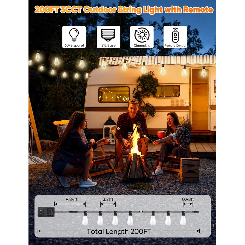 Brightever 200FT Outdoor String Lights with Remote, 2700K/4000K/5000K Selectable LED