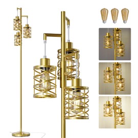 Oneach 70" Industrial Floor Lamp, Stepless Dimmable Standing Lamp with 3 Bulbs, Farmhouse Corner Standing Tree Lamp for Living Room, Tall Lamps for Bedroom, Office, Study Room, Dining Room, Gold