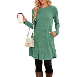SENBATU Winter Sweater Dress for Women, Long Sleeve, Casual, Side Buttons, Tunic, with Pockets, Green