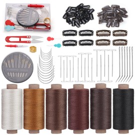Yizzvb 60 Pcs Extension Clips and Thread Kit, Hair Extension Clips, 6 Rolls Hair Thread for Weave, Clips for Hair Extensions, Wig Thread Kit, and 65 PCS C/T/J/I Shape Needles for Hair