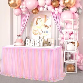 QueenDream Pink Tulle Table Skirt 6ft Rainbow Tutu Table Skirts for Rectangle Tables Unicorn Birthday Princess Girl Baby Shower Party