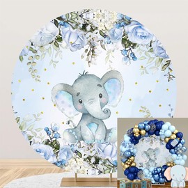 Laeacco 7.2x7.2ft Elephant Baby Shower Round Backdrop Blue Floral Elephant Circle Backdrop Cover Watercolor Flower Photography Background for Newborn Baby Shower Kids Birthday Party Photo Booth Props