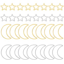 Hobbspring 40Pcs Star and Moon Linking Rings Stainless Steel Hollow Frame Link Connector Charms Golden Silver Five-Pointed Star Open Bezels Moon Jewelry Frames For Craft Kits Making DIY