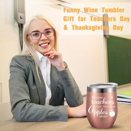 2 Pieces Teacher Can't Survive on Apples Alone, Thank You Teacher Appreciation Gift for Women Funny Birthday Christmas Thanksgiving Teacher Gifts 12 oz Wine Tumbler with Straw and Brush (Rose Gold)