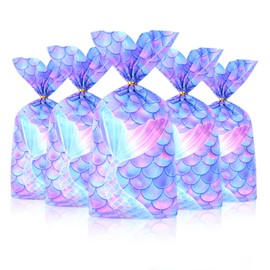 30 Pcs Mermaid Party Favors Bags Mermaid Party Decorations Cookie Goodie Candy Gift Bags Little Mermaid Cellophane Treat Bags with 30 Pcs Gold Twist Ties for Mermaid Birthday Girls Party Supplies