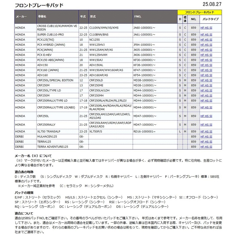 キタコ(KITACO) SBS ブレーキパッド 859SI シンターメタル CRF250L PCX PCX E:HEV PCX160