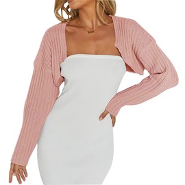 LOFAAC Women Y2K Open Front Rib Knit Shrug Crop Cardigan Solid Drop Shoulder Puff Long Sleeve Sweater Tops Outerwear(L,US,Women,Pink)
