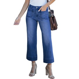 MIFOCAL Wide Leg Jeans for Women Trendy Mid Waisted Flare Jeans Cropped Denim Pants Stretchy Baggy with Patch Pockets