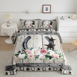 Rose Horseshoe Comforter Set Full Size Western Cowboy Adventure Bedding Set for Kids Boys Women Girls Room Decor,Rustic Farmhouse Quilted Duvet White Vintage Wooden Barn Duvet Insert 3pcs