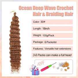 SHIHERESH 18 Inch Ocean Wave Crochet Hair Extensions 6 Packs Deep Wave Curly Braiding Hair Extensions Synthetic Crochet Braids for Black Women(30#）