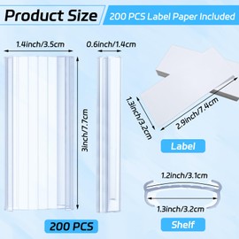 LOPYXBR 200 PCS Wire Shelf Label Holder with Label Paper Inserts Clear Metro Shelf Clips Plastic Shelf Tags for Wire Shelving, Compatible with 1-1/4 Inch Shelves